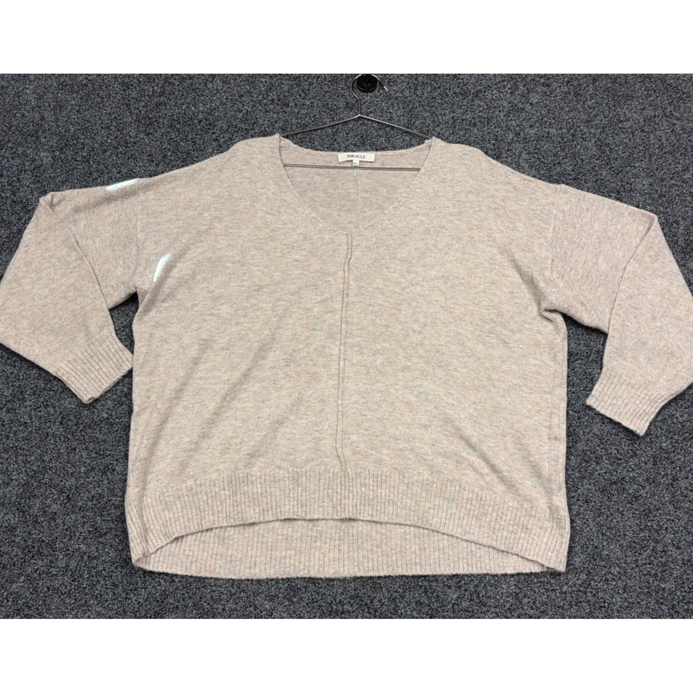 Miracle Sweater M/L Tan / pink V-Neck Oversized Seam Detail Knit Pullover Boho